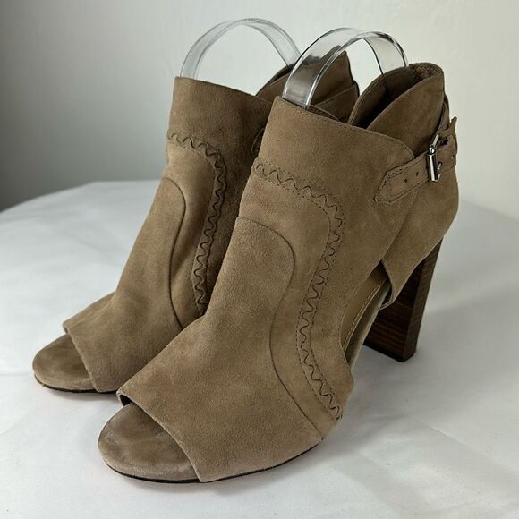 Vince Camuto Conley Buckle Tan Suede Leather Peep Toe Heeled Boots Size 8.5 - Picture 2 of 11